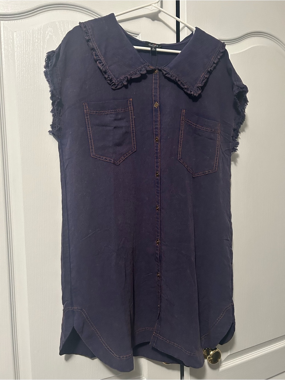 Button-Down Sleeveless Tunic Dress with Ruffle Collar in Navy